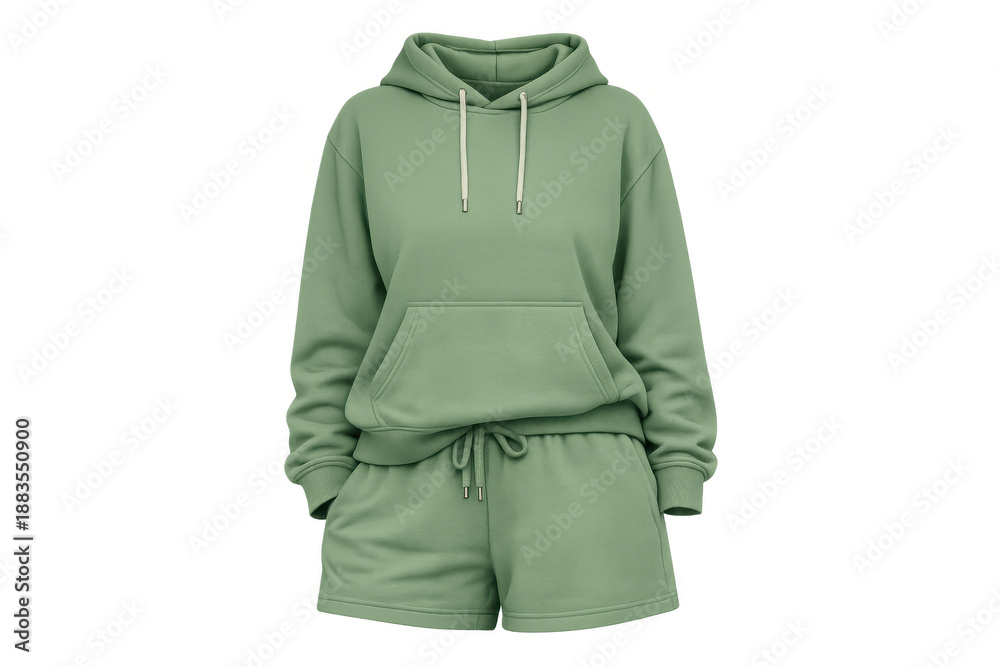 Naklejka premium Sage green female hoodie and shorts set, casual loungewear garment, comfortable sportswear sweatshirt, transparent background mockup