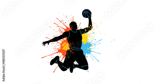 Dynamic Basketball Player in Mid-Air Jump with Colorful Splash.