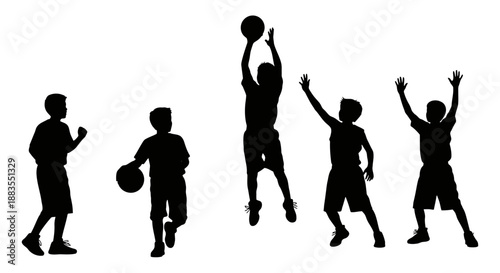 Silhouettes of basketball players in various dynamic poses.