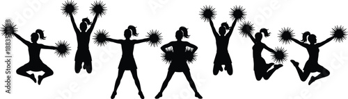 Cheerleader Silhouette Action Poses Illustration Showing Jumping, Dancing and Performing with Pom Poms for Sports, Team Spirit and Cheerleading Design