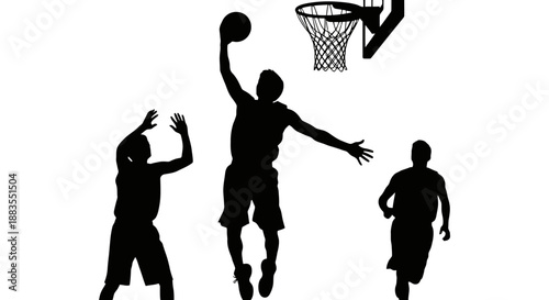 Silhouette of basketball players in action on court.