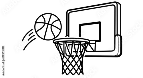 Simple line drawing of basketball going through hoop.