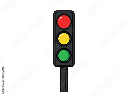 Traffic light with red, yellow, and green lights on a black pole