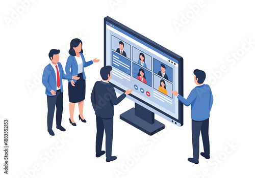 Isometric vector illustration of business team reviewing online meeting dashboard, virtual collaboration, remote teamwork, digital communication and corporate management concept