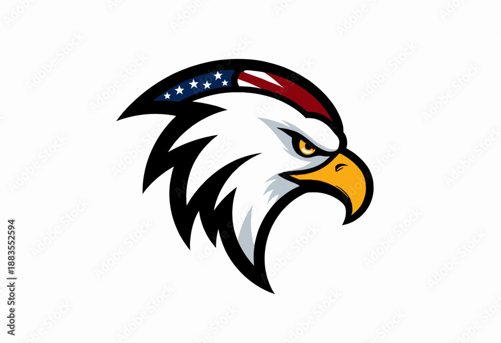 Obraz premium Stylized Bald Eagle Head with Patriotic American Flag Motif in Red, White, and Blue Featuring Intense Expression and Smooth Lines