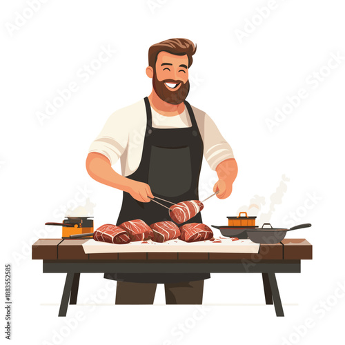 Smiling Chef Preparing Fresh Meat with Citrus Garnish