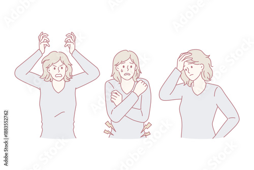 Anger fear and frustration concept. Young woman standing expressing emotions feeling rage aggression fear with tears and frustration vector illustration