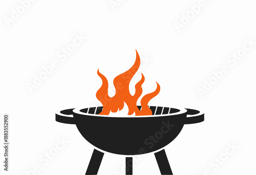 Black charcoal grill with a blazing fire symbolizing outdoor barbecue cooking and grilling, flames rising high into the sky set against a white background.
