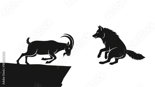 Dynamic silhouette of a goat escaping a predatory wolf on a treacherous cliff