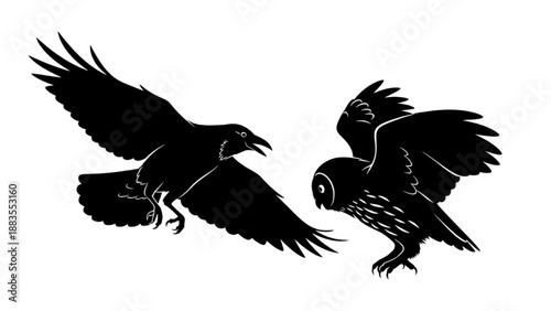 Dynamic Avian Encounter Silhouettes of a Raven and an Owl in Opposition