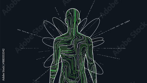 Human silhouette made of digital circuit lines