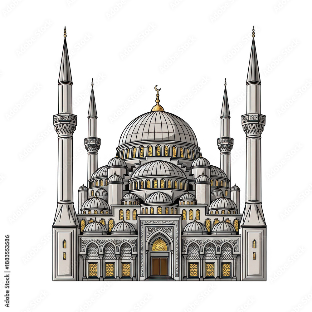 Obraz premium Illustrated mosque with multiple minarets isolated on transparent background