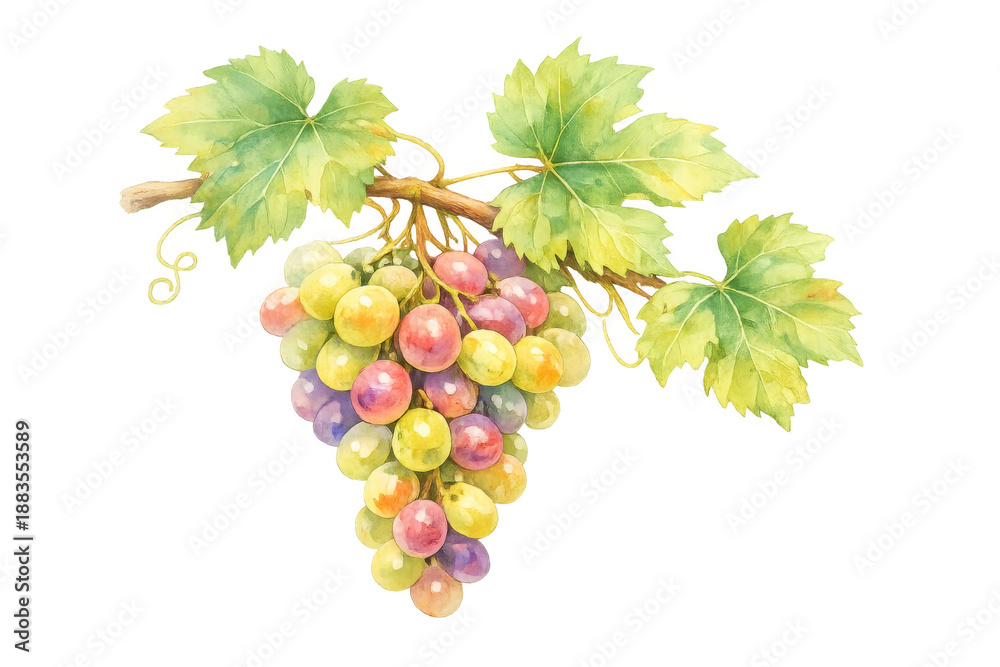 Obraz premium Watercolor painting showing ripe grape bunch with green leaves on a vine branch, fresh fruit harvest on transparent background