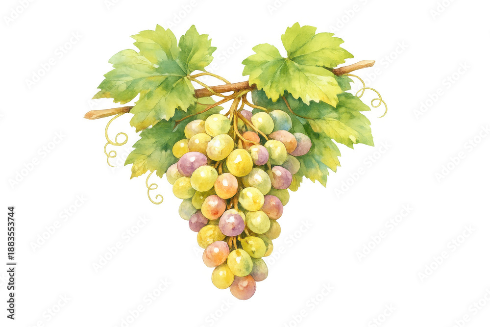 Fototapeta premium Watercolor grape cluster with green leaves on vine, fresh fruit harvest illustration with transparent background