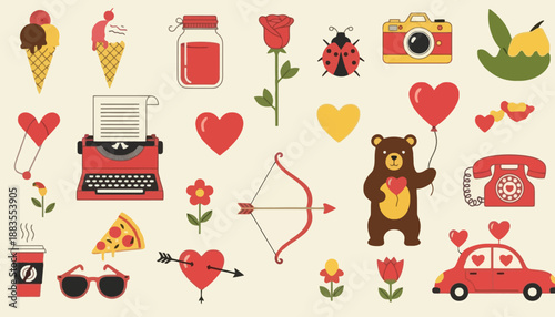 Valentine's Day icons collection featuring hearts, flowers, and love symbols in a playful, whimsical illustration style