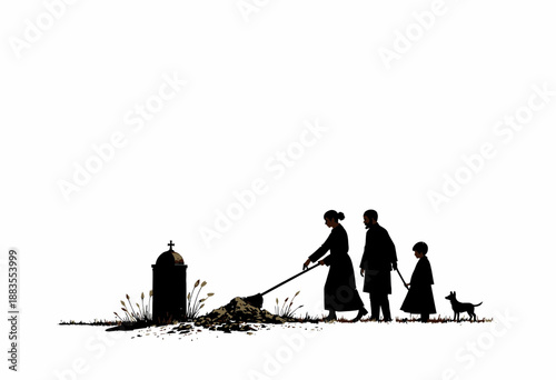 Silhouette of a Family Bidding Farewell at a Graveside with a Solemn Atmosphere Under a Clear Sky with a Pet Accompaniment
