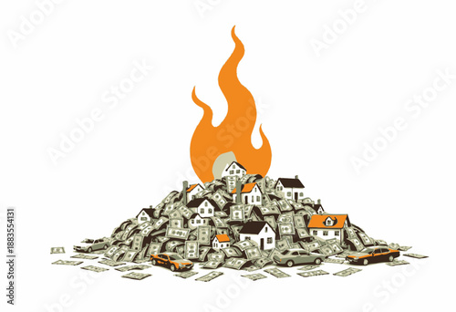 Collection of Miniature Houses Surrounded by Cars on a Pile of Money with Dramatic Flames Signifying Financial Crisis or Economic Challenges