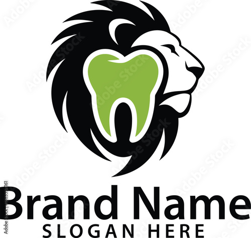 Dentistry logo with lion's head and green tooth symbol on white background for dental clinic branding