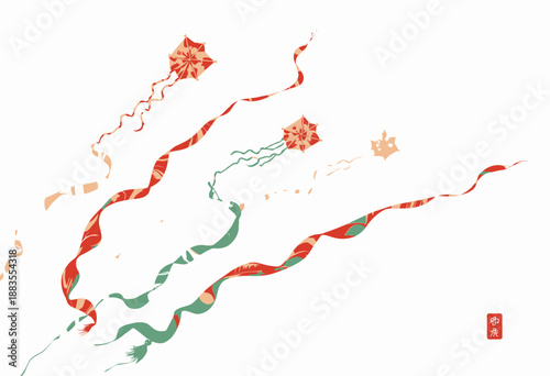 Graceful Flight of Colorful Kites Soaring Across a Clear Blue Sky with Long Flowing Tails and Intricate Geometric Designs Creating a Serene and Joyful Atmosphere