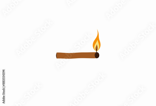 Illustration of a Single Burning Matchstick with Bright Flame Isolated on a Minimalistic White Background Symbolizing Ignition Energy and Potential