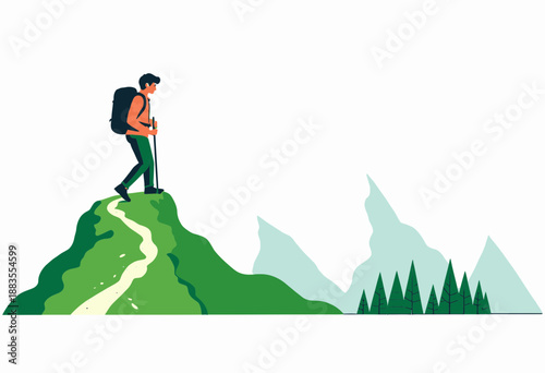 Illustration of a lone hiker standing confidently on a lush green hilltop with a scenic backdrop of distant mountains and forests under a clear sky
