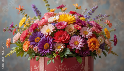Bright floral bouquet peeking out of a gift box on an artistic background for decoration
