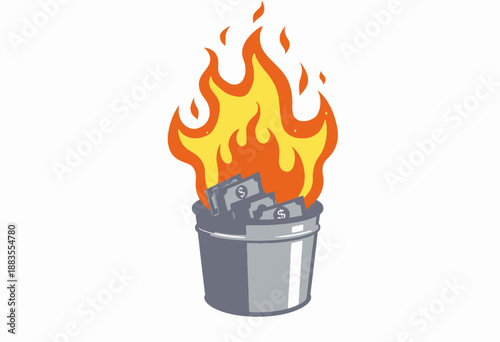 Illustration of a metallic bucket filled with burning paper currency, symbolizing financial loss and the rapid devaluation of money through excessive expenditure