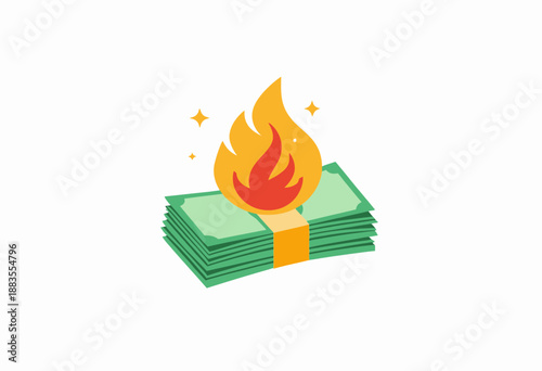Illustration of a Stack of Paper Currency Engulfed in Flames Signifying Financial Loss or Economic Crisis Concept