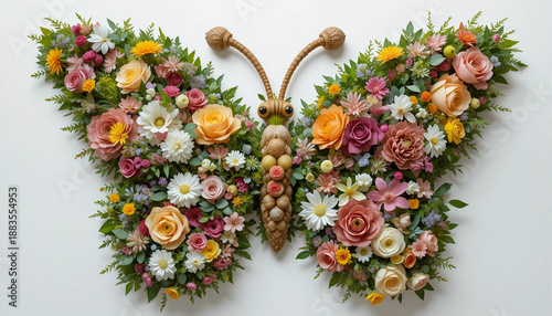 Flower arrangement shaped like a butterfly with colorful blooms and greenery