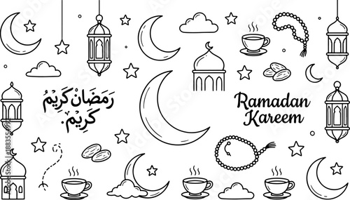 ramadan kareem doodle background with crescent moons, lanterns, mosque dome, dates, tea cups, clouds, stars, and tasbih beads in black and white line illustration style