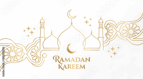 elegant ramadan kareem background with gold mosque silhouette, crescent moon, stars, and islamic floral ornaments on white in luxury festive illustration style