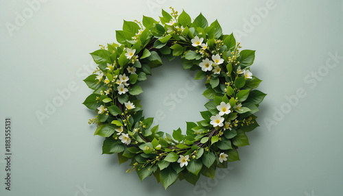Green leaf wreath adorned with tiny spring flowers on light background