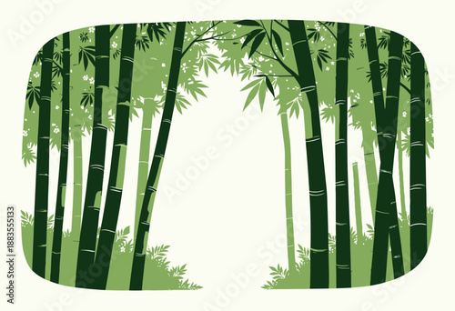 Serene Bamboo Forest Illustration with Lush Greenery and Sunlight Filtering Through Tall Stalks in a Peaceful Natural Environment