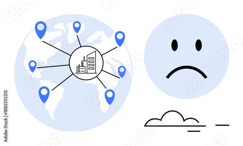 Global supply chain issues. Concept focusing on disrupted global logistics and production networks. Global supply chain illustration for business disruptions, commerce challenges, economic impact