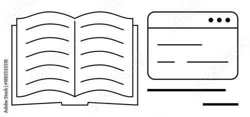 Education, e-learning, digital learning, reading, study tools, online resources. Open book and internet browser window. Education and e-learning concept with clear graphical