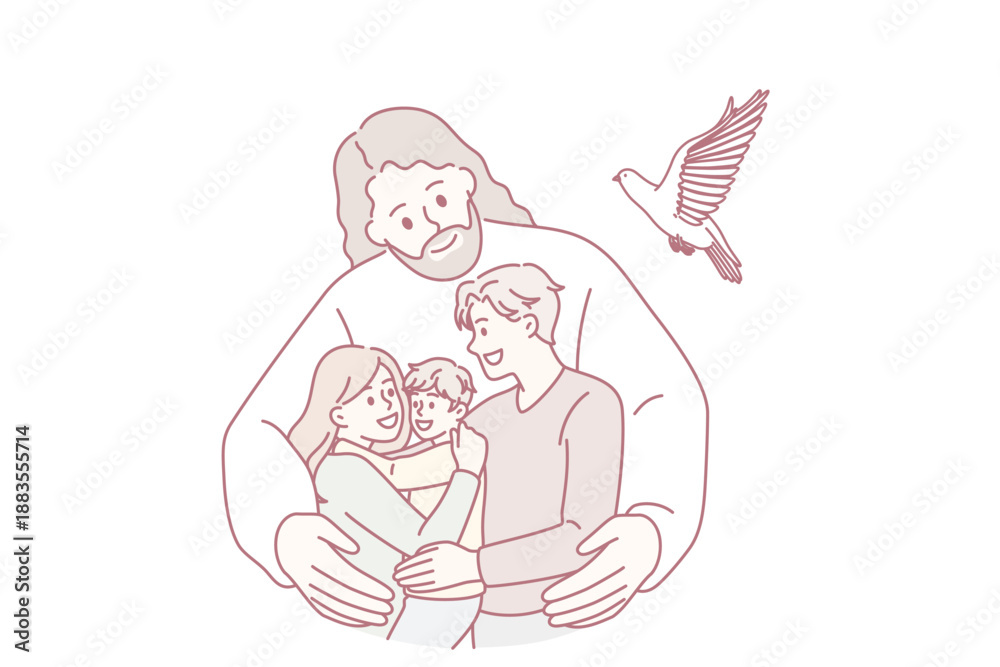 Fototapeta premium Christianity and religious education concept. Kind smiling Jesus in white clothing standing and hugging happy family with child taking care vector illustration