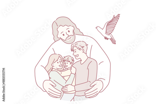 Christianity and religious education concept. Kind smiling Jesus in white clothing standing and hugging happy family with child taking care vector illustration