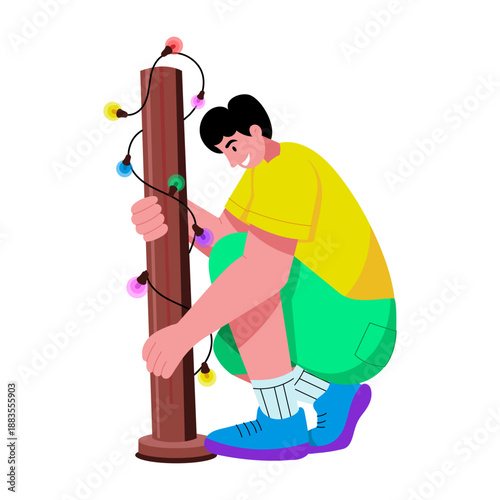 A flat style illustration depicting a character wrapping lights decoration