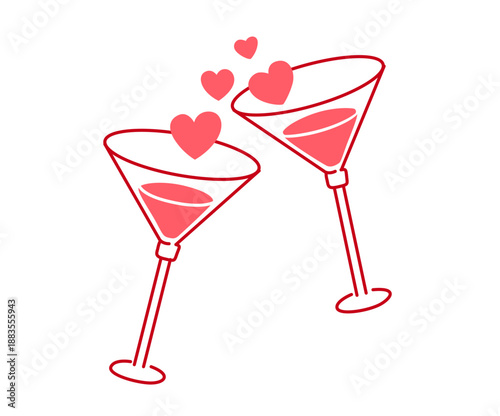 Two cocktails illustration. Valentine’s Day. Love and hearts. Decorative element for greeting cards, wrapping paper, stickers, party invitations, logo.