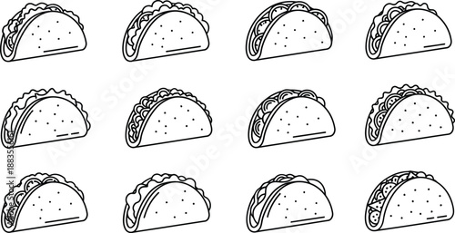 Twelve hard shell tacos are lined up in three rows on a white.