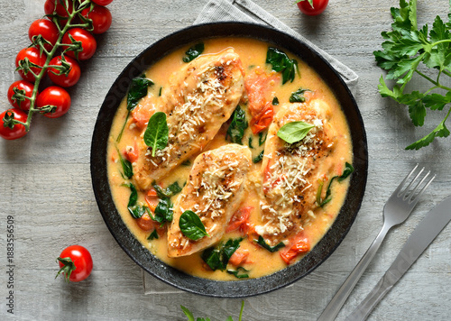 Chicken breast in creamy sauce with tomatoes and spinach