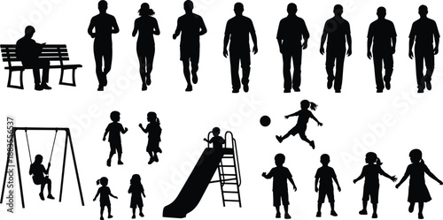 Silhouettes depict diverse people walking, sitting, and playing nearby.