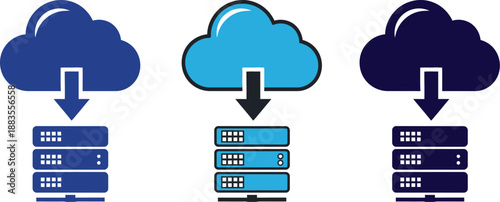 Three different stylized cloud computing icons demonstrate data synchronization and download processes to server racks.
