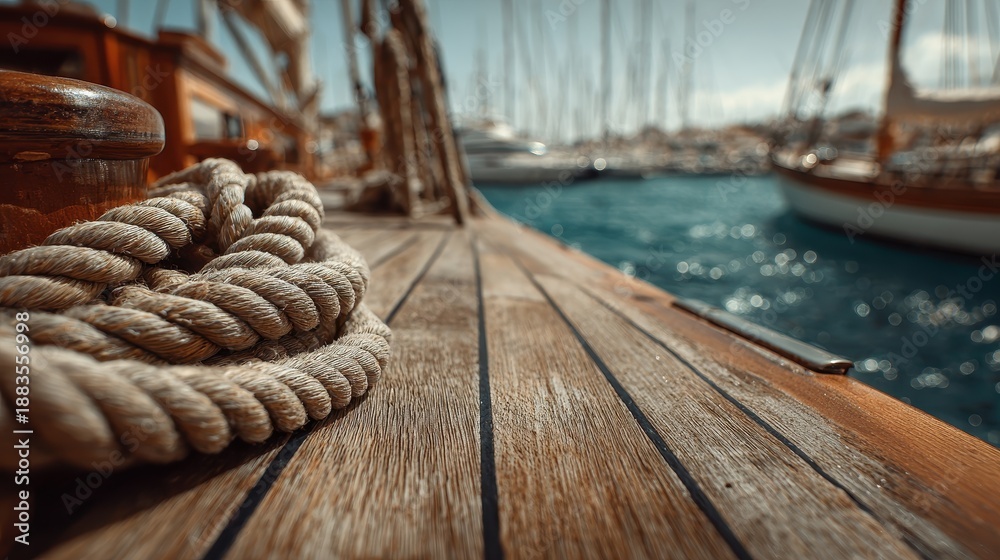 Obraz premium Close up view of rope tied at dock on yacht with marina and boats in distance under bright sunlight in daytime