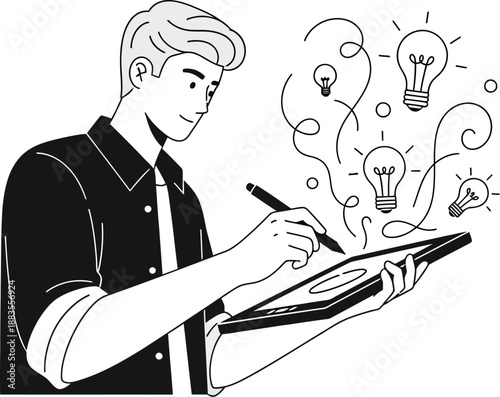 Designer sketches new ideas on a digital tablet using a stylus while multiple light bulbs float above representing.