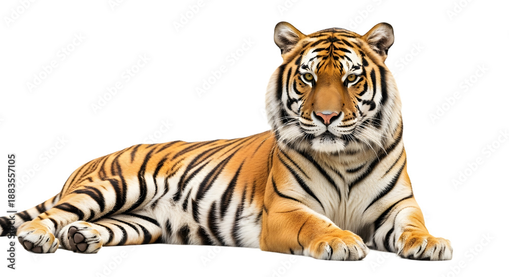 Fototapeta premium A majestic tiger lies down on a black background, looking directly at the camera.