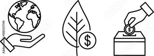 Hands hold up a globe, a leaf with a dollar sign, and drop currency into a donation box representing finance.