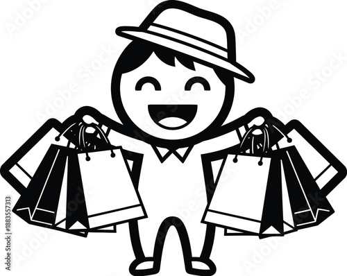 Joyful shopper with wide grin shows off multiple paper shopping bags indicating successful retail purchases.