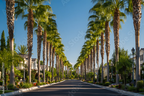 View of a palm tree lined street in a residential area during the day with clear blue sky and green plants