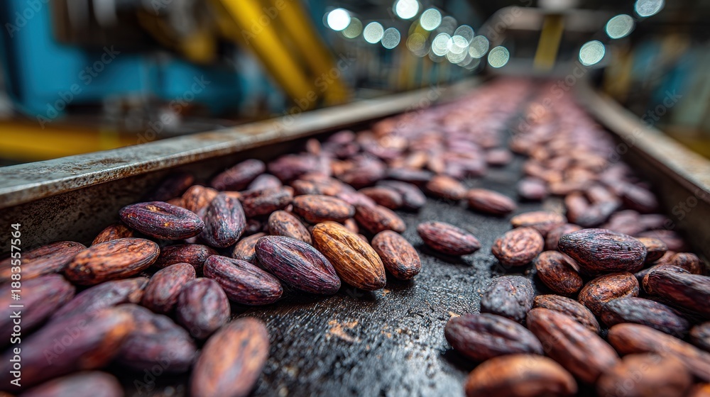 Obraz premium Cocoa beans move along processing machine in factory during production stage
